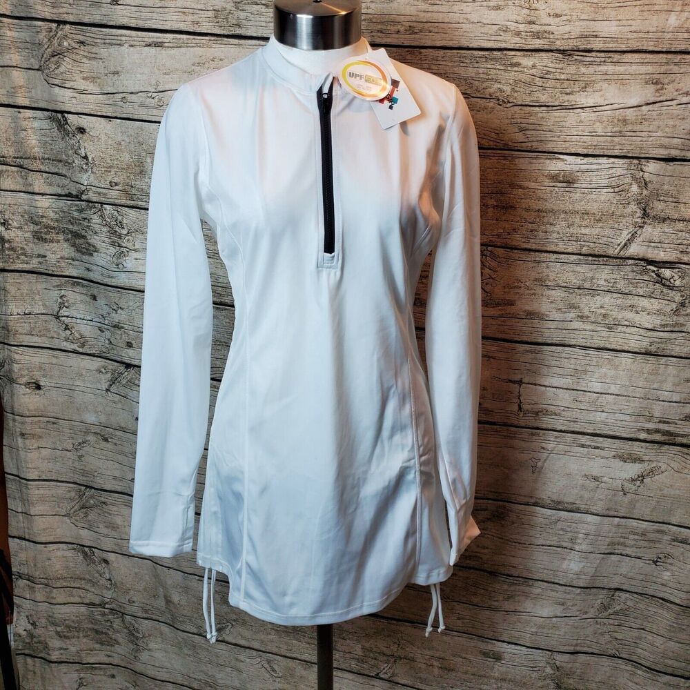 HISKYWIN White Half Zip Ruched Side Pullover Rash Guard Small